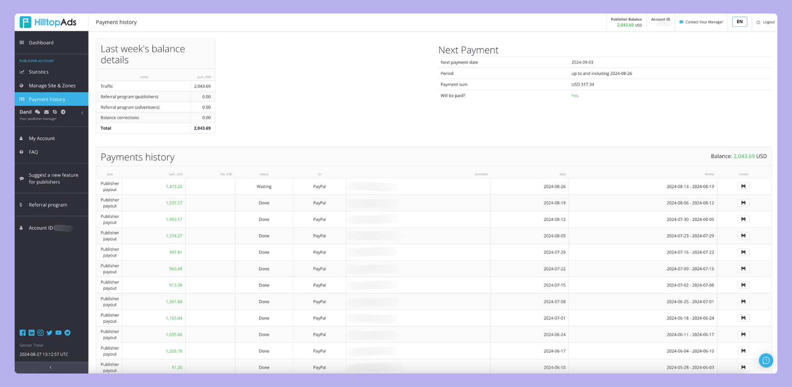 Publisher's Payment history from the HilltopAds account