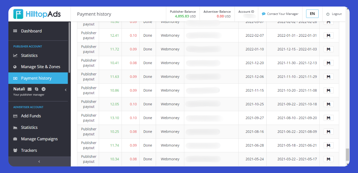 Publisher's Payment history from the HilltopAds account